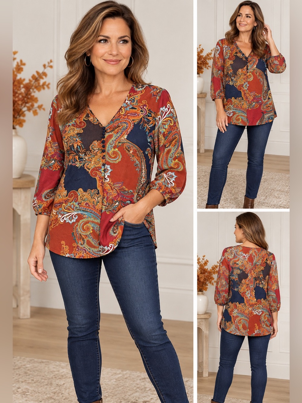 Chico’s Womens Size 1 Medium Paisley Tunic Top 3/4 Sleeve Boho Multicolor Fall